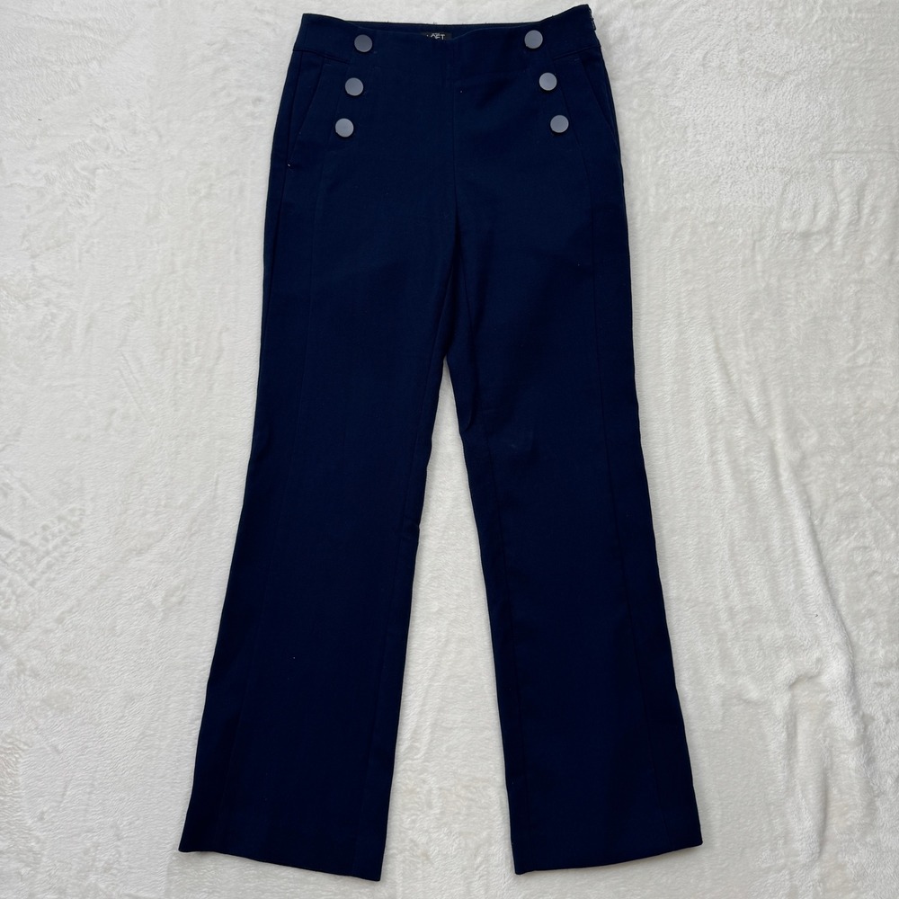 Ann Taylor LOFT Pants Womens 0P Navy Blue Sailor Straight Leg Decorative Button
